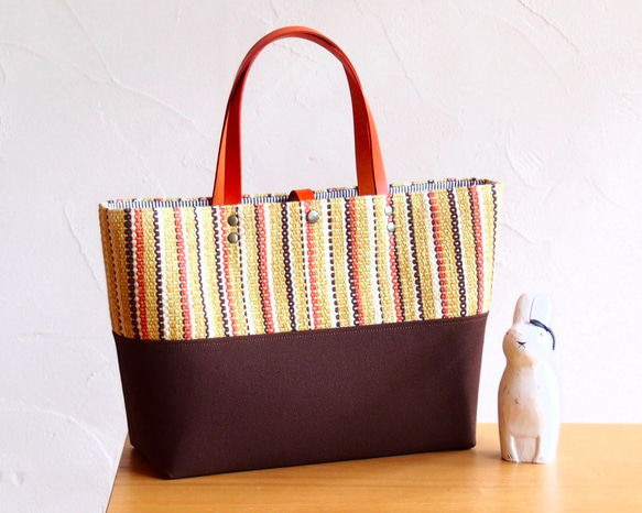 [SALE]橫條紋秋季手工編織手提袋（黃色） 第1張的照片