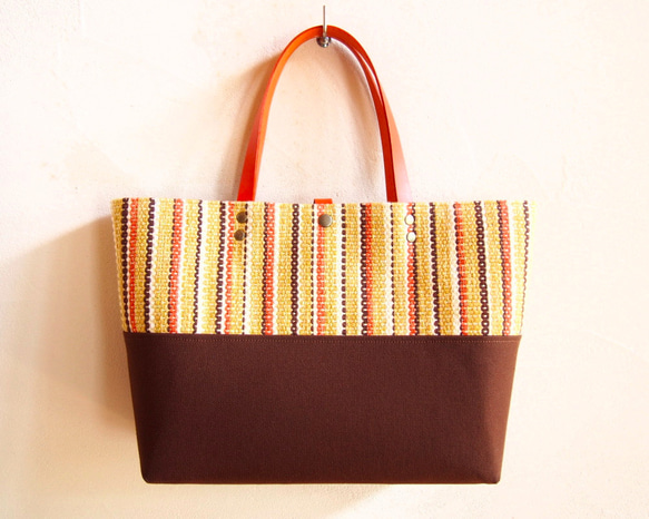 [SALE]橫條紋秋季手工編織手提袋（黃色） 第2張的照片