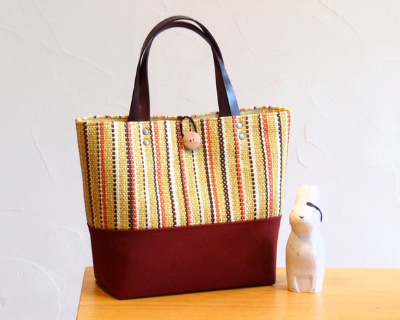 秋季彩色條紋手工編織布午餐手提包（黃色） 第1張的照片