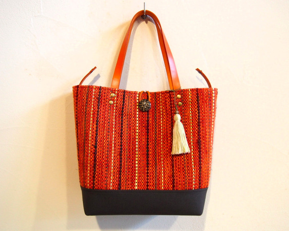 秋季混色手工編織布桶手提包（紅色） 第2張的照片
