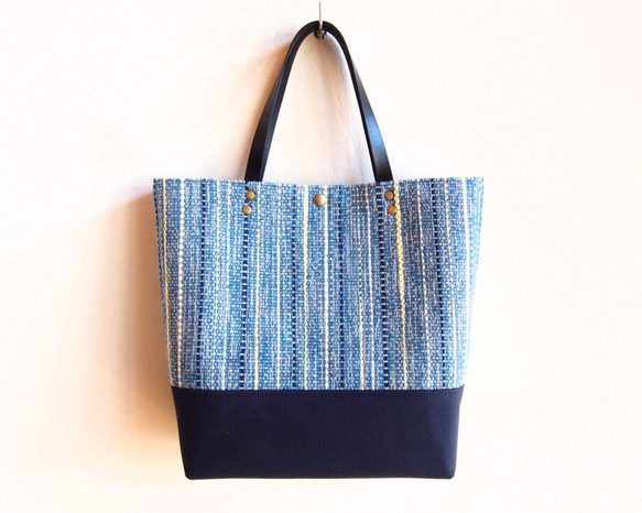 手織春季混色方形手提包（靛藍色） 第2張的照片