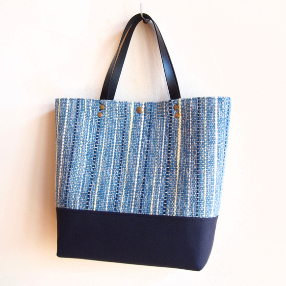 手織春季混色方形手提包（靛藍色） 第5張的照片