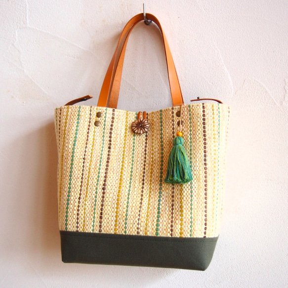 手工編織春季混色桶手提包（檸檬） 第5張的照片