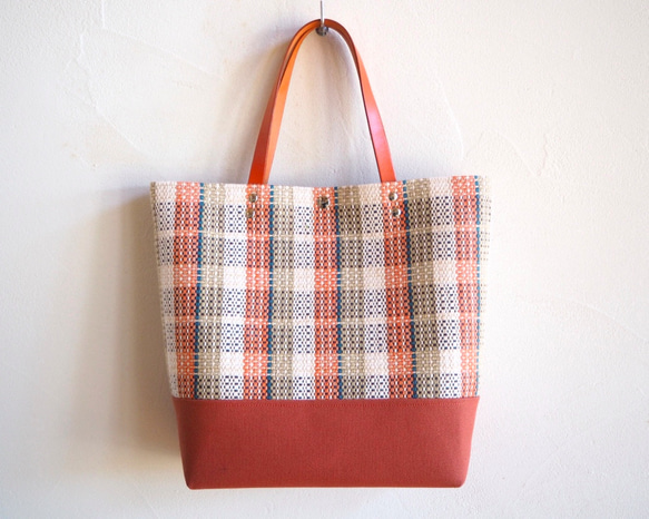 [SALE]手工編織鄉村格紋方形手提袋（橙色） 第2張的照片