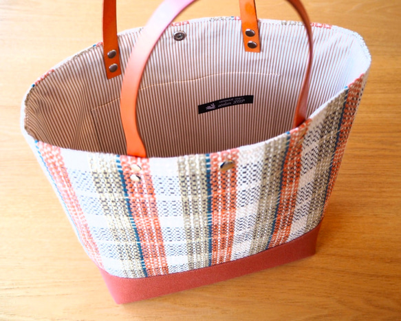 [SALE]手工編織鄉村格紋方形手提袋（橙色） 第3張的照片