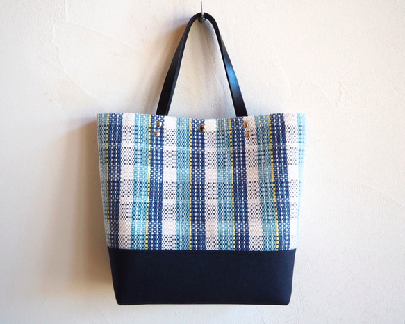 [SALE]方形手提包，配以手工編織的鄉村格紋（藍色） 第2張的照片