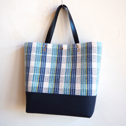 [SALE]方形手提包，配以手工編織的鄉村格紋（藍色） 第5張的照片