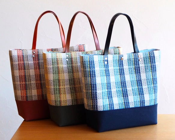 [SALE]方形手提包，配以手工編織的鄉村格紋（藍色） 第6張的照片
