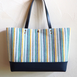 [SALE]夏季多條紋手工編織布手提袋（藍色） 第2張的照片