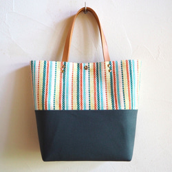 [SALE]夏季多條紋綠色手工編織方形手提袋（綠色） 第2張的照片