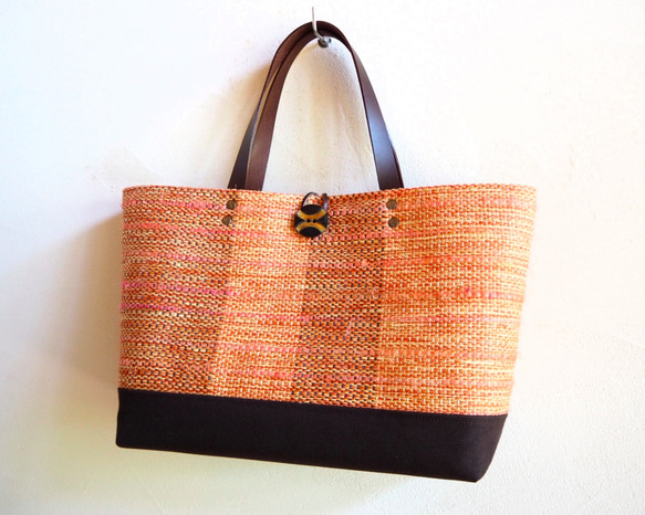 秋季花呢樣手編織布橫式手提袋（橙色） 第5張的照片