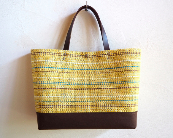 [限量秋季幸運袋]秋季混合色手工編織布手提袋和郵袋套（黃色） 第2張的照片