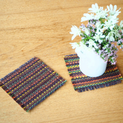 【送料無料】マルチカラー手織り布のコースター2枚組（C） 5枚目の画像