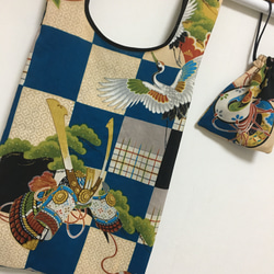 七五三★リメイクバッグ 男の子七五三新品お着物リメイク 兜と鶴 ハンドメイドエコバッグ