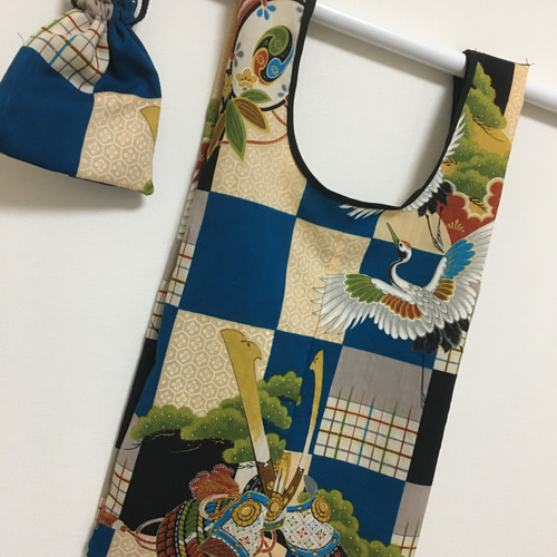 七五三★リメイクバッグ 男の子七五三新品お着物リメイク 兜と鶴 ハンドメイドエコバッグC エコ