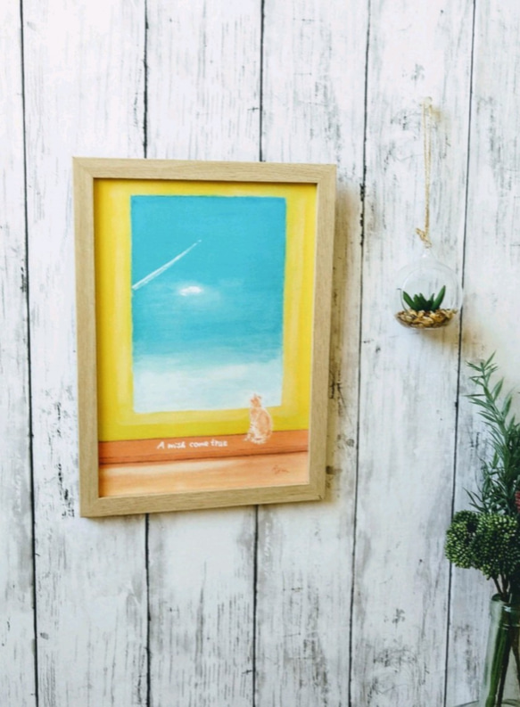 風景画 猫 『願いが叶う』 アート ポスター 空 絵 絵画 イラスト 風水 玄関 アクリル画 かわいい インテリア B5 2枚目の画像