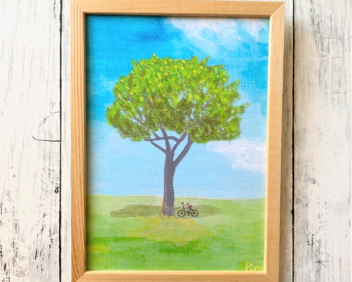 風景画 自転車と自然のアクリル画