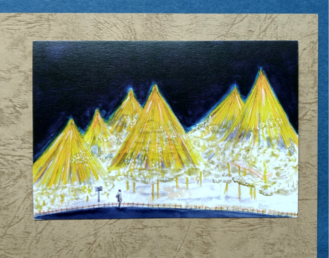 冬の風景 水彩画 金色フレーム付き 正教会 馬橇 絵画