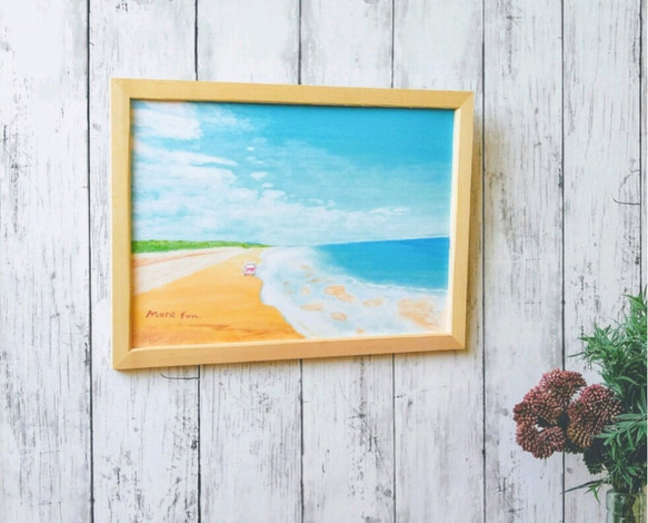 海の風景 水彩画 木製フレーム付き27ｃｍ25ｃｍ 海の絵 風景画『More fun』 アート ポスター 海 空 夏 希望 絵 絵画