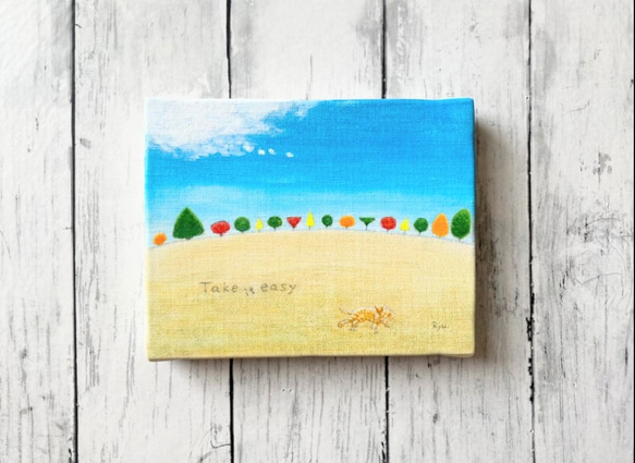 原画 『Take it easy』 猫 空 秋 紅葉 北欧風 癒し 絵 絵画