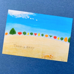 風景画 猫【選べる3枚】『Take it easy』 ポストカード 北欧風  紅葉 イラスト かわいい 絵 水彩 ハガキ 1枚目の画像