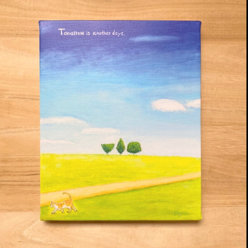 風景画 『明日は明日の風が吹くよ』 キャンパス プリント 猫 木 名言