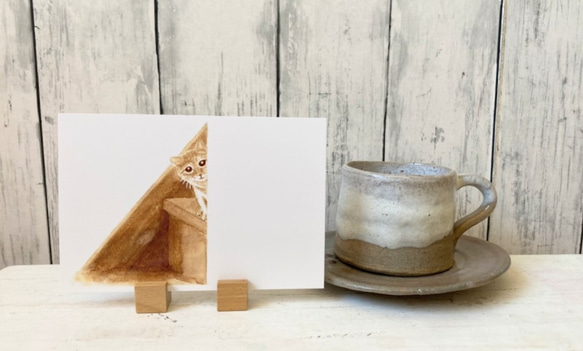 【選べる3枚】 コーヒー で描いています『ほっこりするね』 ポストカード 猫 ねこ ペット 絵 絵画 イラスト 水彩画 2枚目の画像