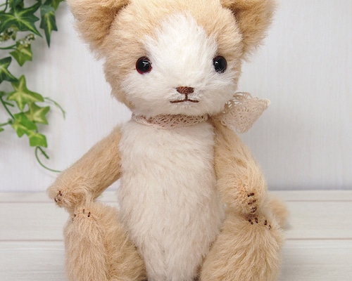 茶白　モヘア　猫　ハンドメイド　ぬいぐるみ　作家　テディベア　アートドール　42 白茶猫さんハンドメイドテディベア ぬいぐるみ NAHO BEAR 通販 9449972