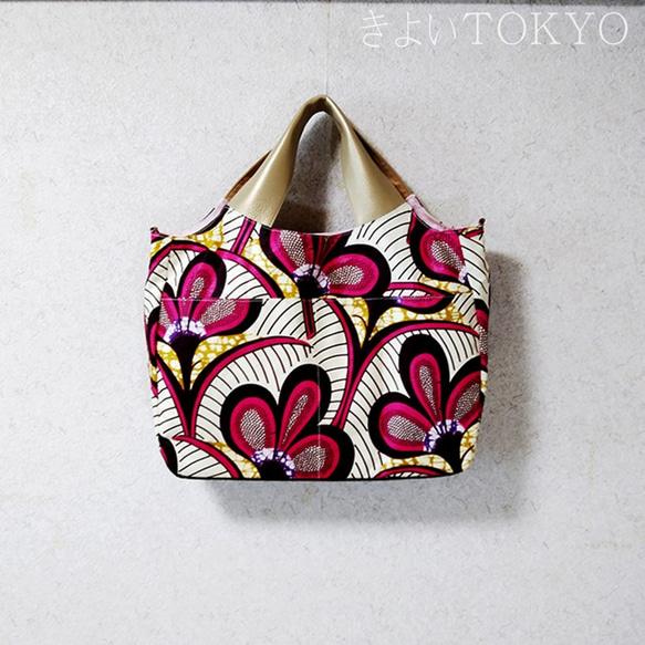 アフリカンプリント・ハッピーピンクのグラニー風バッグ /着物に合うバッグ（送料無料） 2枚目の画像