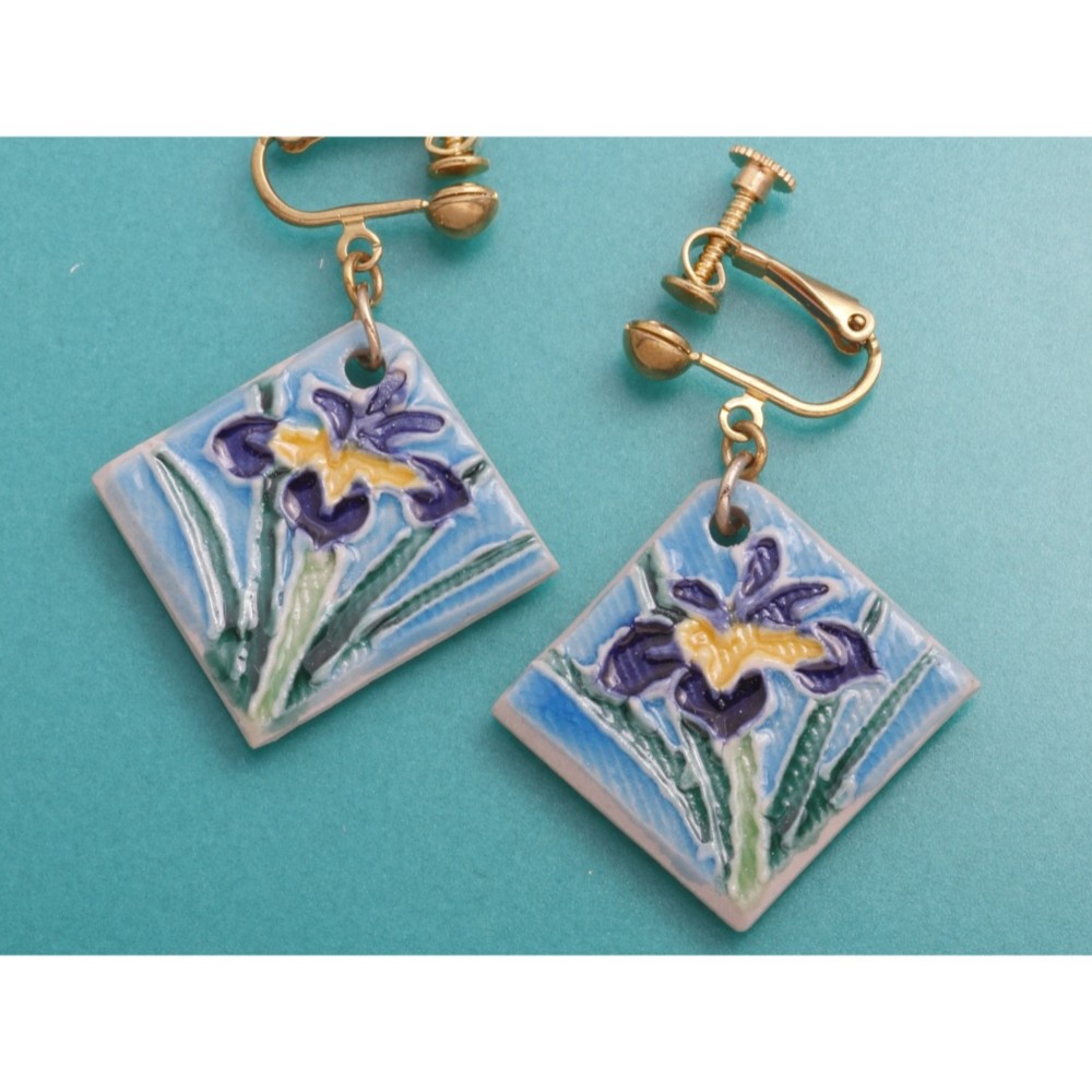 【清水焼】陶器イヤリング　菖蒲