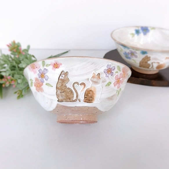 【清水焼】ハートネコ　飯碗　ピンク(小) 1枚目の画像