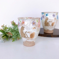 【清水焼】ハート猫　フリーカップ　ピンク 1枚目の画像