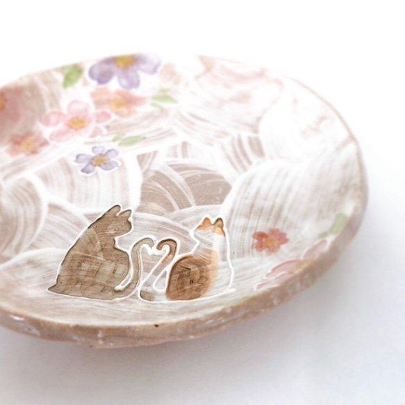 【清水焼】結び猫♡プレート皿　S ピンク 1枚目の画像