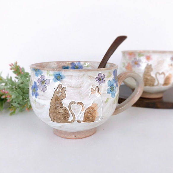 【清水焼】ハートネコ　スープカップ　ブルー 1枚目の画像