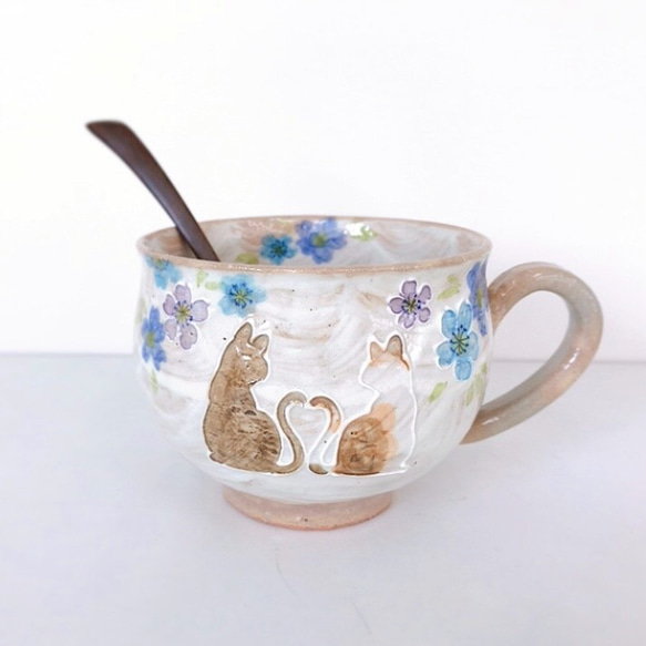 【清水焼】ハートネコ　スープカップ　ブルー 3枚目の画像