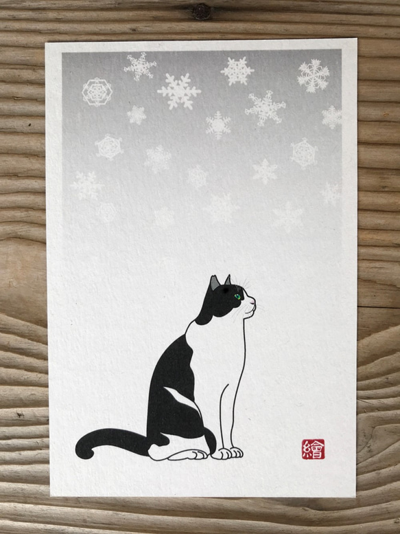 猫のポストカード　フレーム付き　「雪」 2枚目の画像