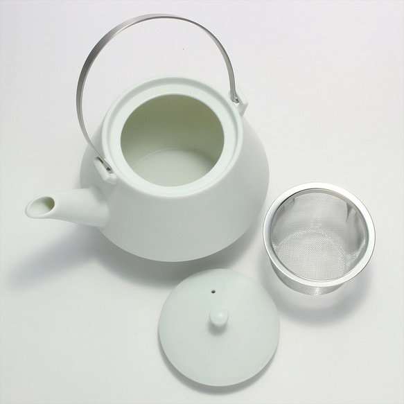 508-0010　急須 ポット 土瓶 和陶器 和モダン /フラスタム白釉土瓶（ステンレスツル） 2枚目の画像