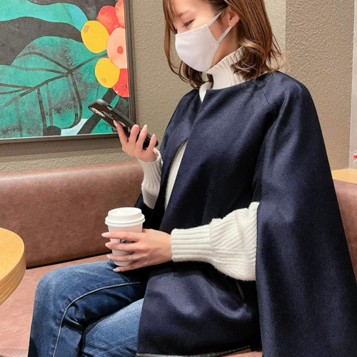 ピュア カシミヤ fuwakaru ケープ 【ネイビー】 リモートワーク