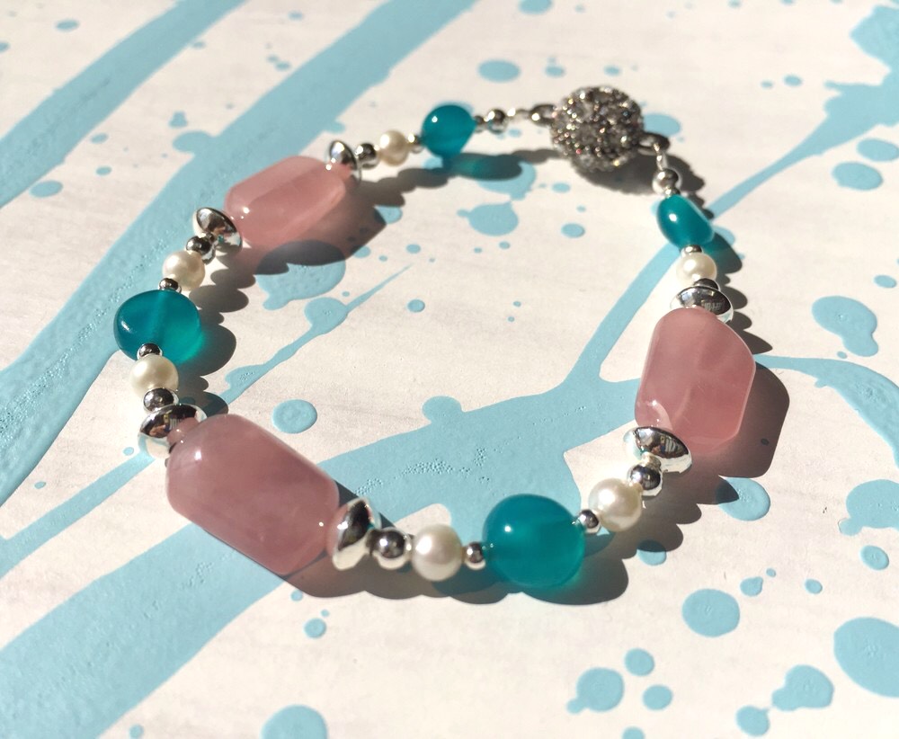 PINK & BLUE  ☆天然石ディープローズクオーツ&アマゾナイト&淡水パールブレスレット☆