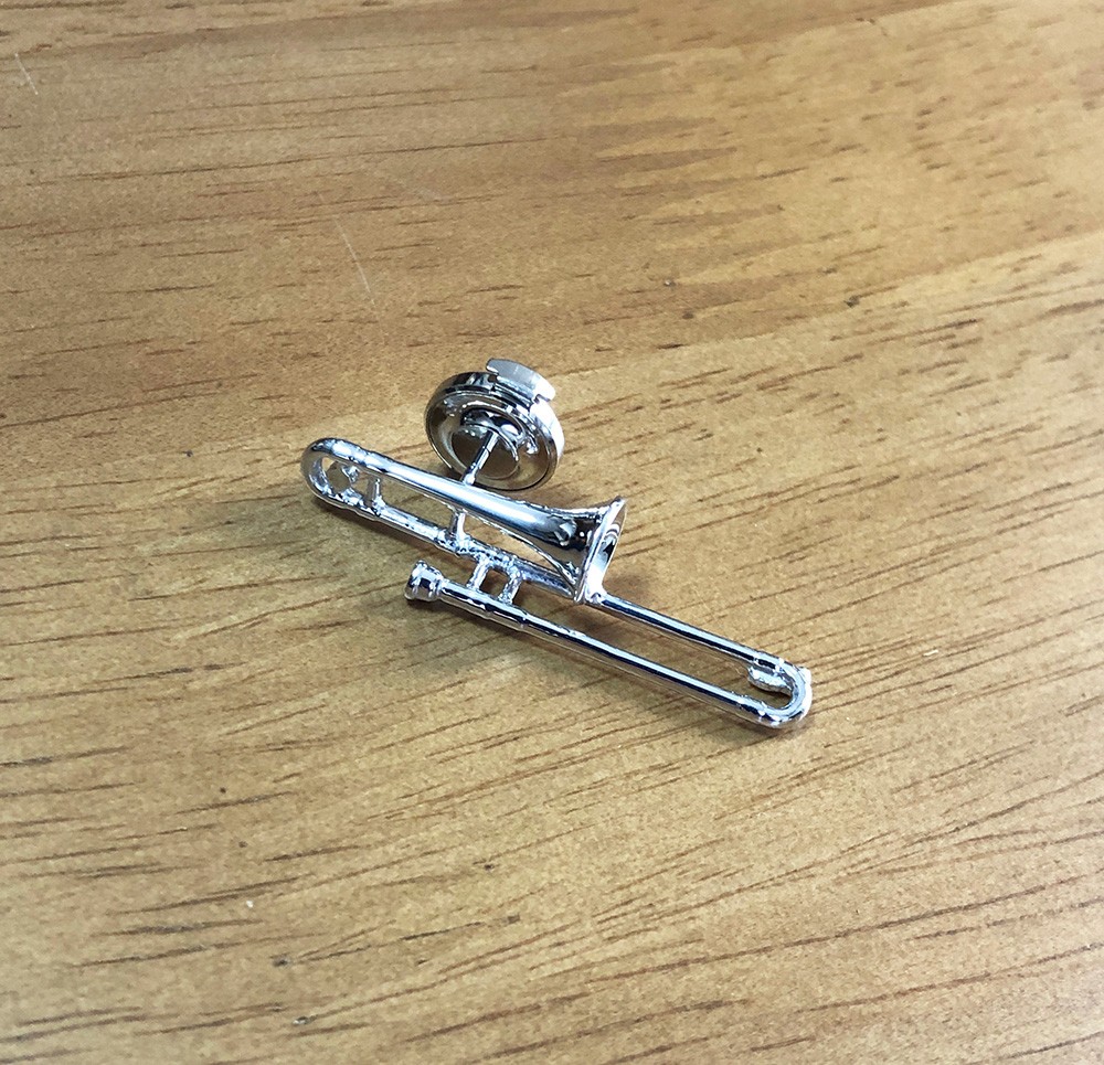 【トロンボーン】銀製楽器ピンバッジ　Trombone　スターリングシルバー　ケース付　ピンズ　ブローチ　吹奏楽