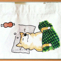 【商品入替SALE】手描きの柴犬ミニトートバッグ『良い夢みろよ！』 2枚目の画像