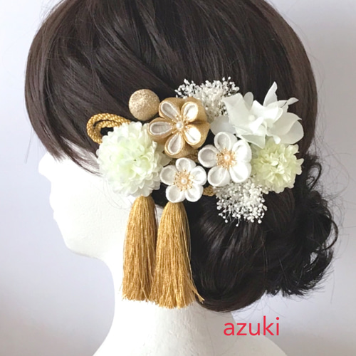 つまみ細工 髪飾り マム かすみ草 白 ゴールド 10点セット 成人式 結婚