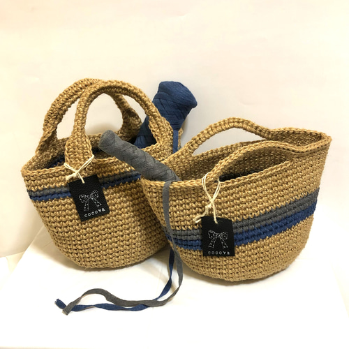 麻バック》小ぶりにオシャレ 麻紐×コットンラインマルシェバッグ かご 