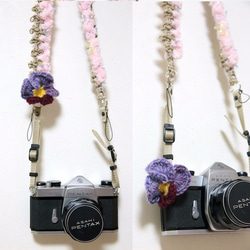 &lt;1點剩餘&gt;三色堇主題橡膠棉花糖Asahimo麻相機背帶 第4張的照片