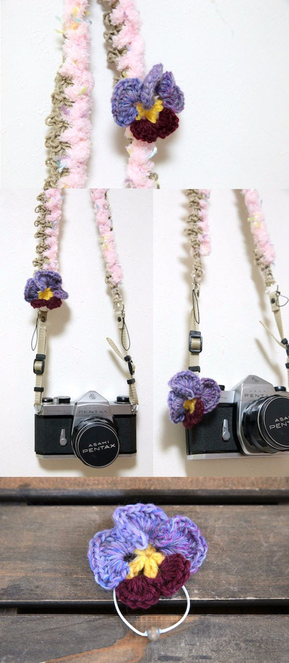 &lt;1點剩餘&gt;三色堇主題橡膠棉花糖Asahimo麻相機背帶 第4張的照片