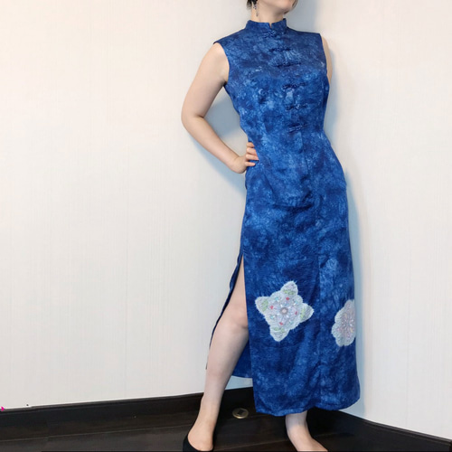 ワンピース　ドレス　着物リメイク　和柄　和風　ブルー　フォーマル　ノースリーブ