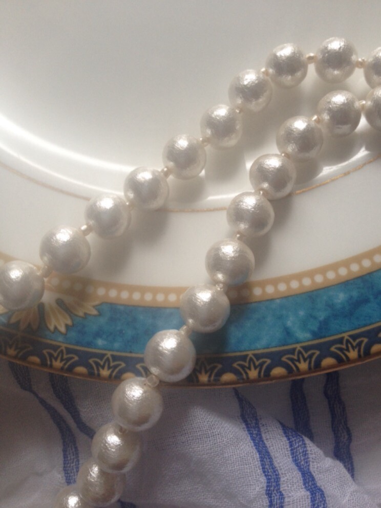 150cm ロング　金属不使用　コットンパールネックレス　留め具なし　国内のみ送料無料