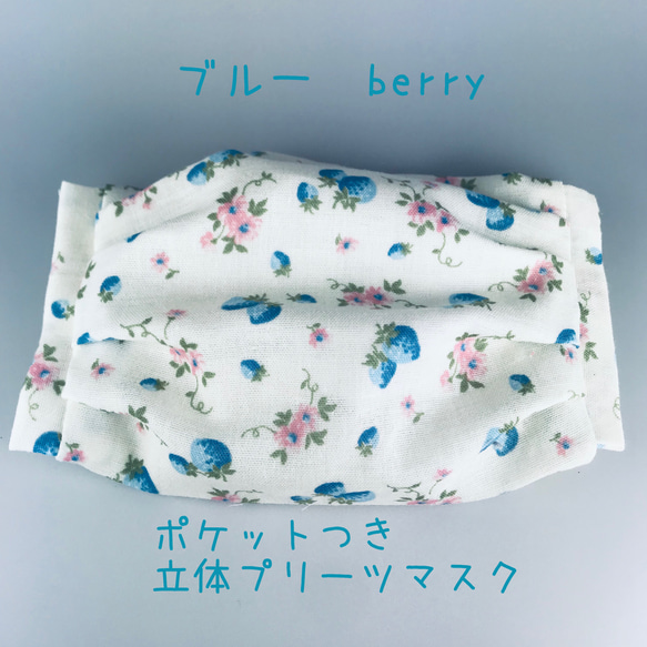 【blue berry】ふわふわ　ポケットつき　立体プリーツマスク　5サイズ　ブルー berry 1枚目の画像