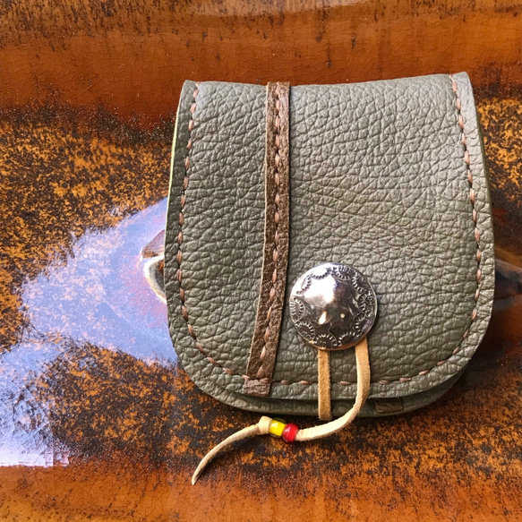 柔らかい革のコインケース モスグレー ハンドメイド オリジナル