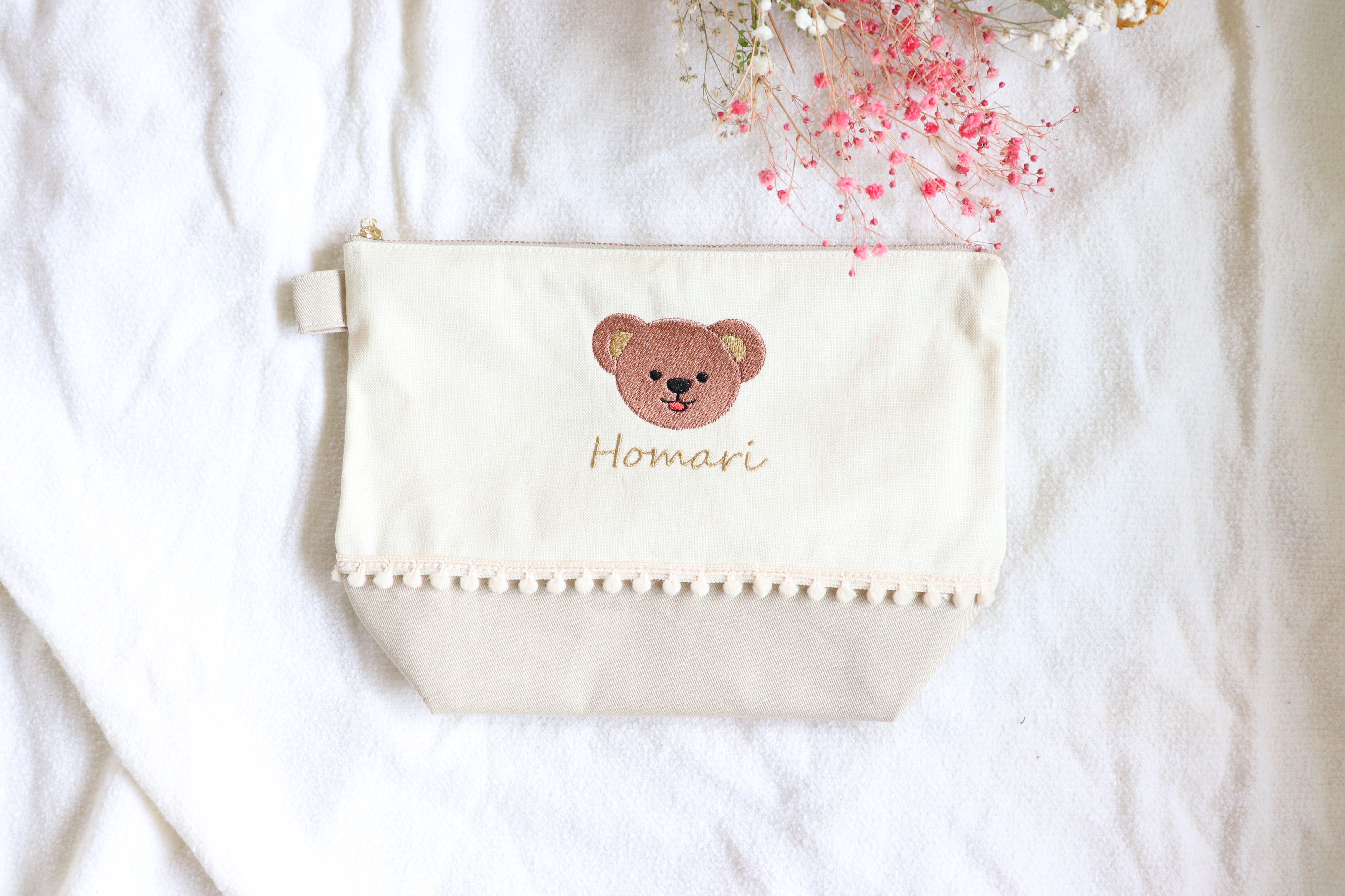 名入れ くまさんFace 刺繍ポーチ M ♡25cmファスナー おむつ